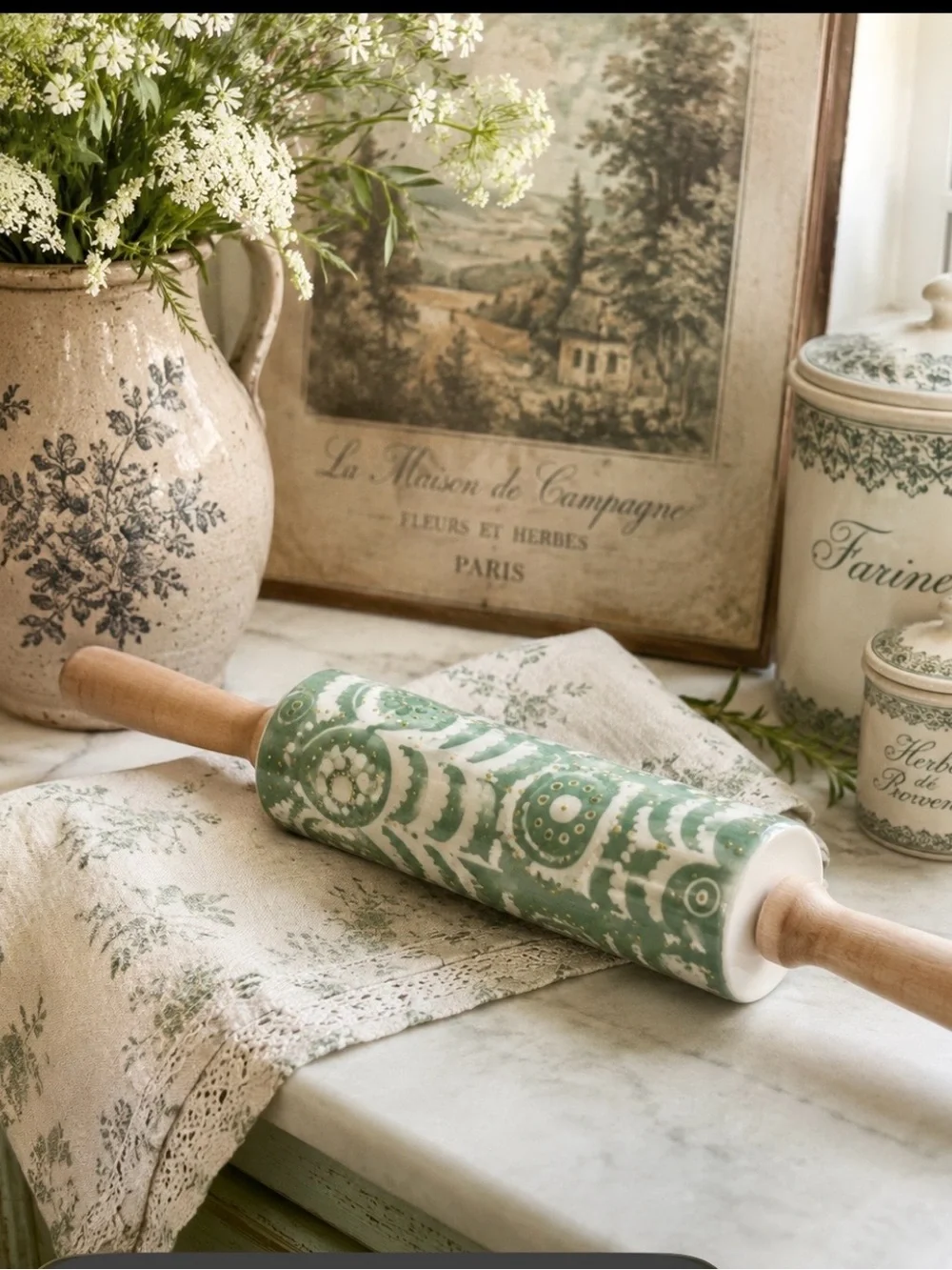 Anthropologie Brentanella Stoneware Rolling Pin. Handpainted | Discontinued